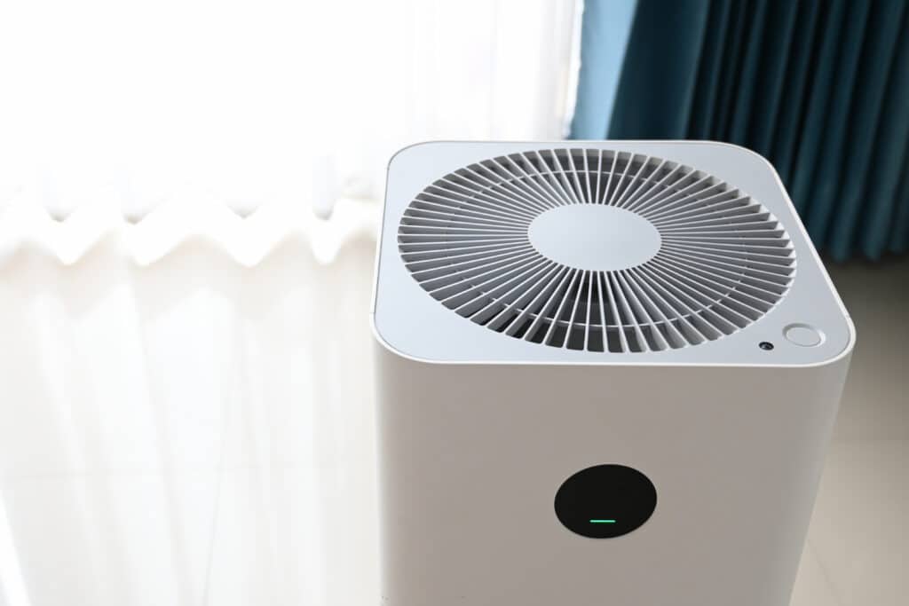 air purifier in well-lit living room