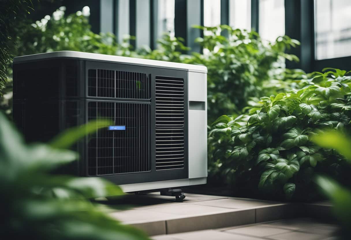 A modern, sleek air conditioning unit surrounded by futuristic technology and greenery