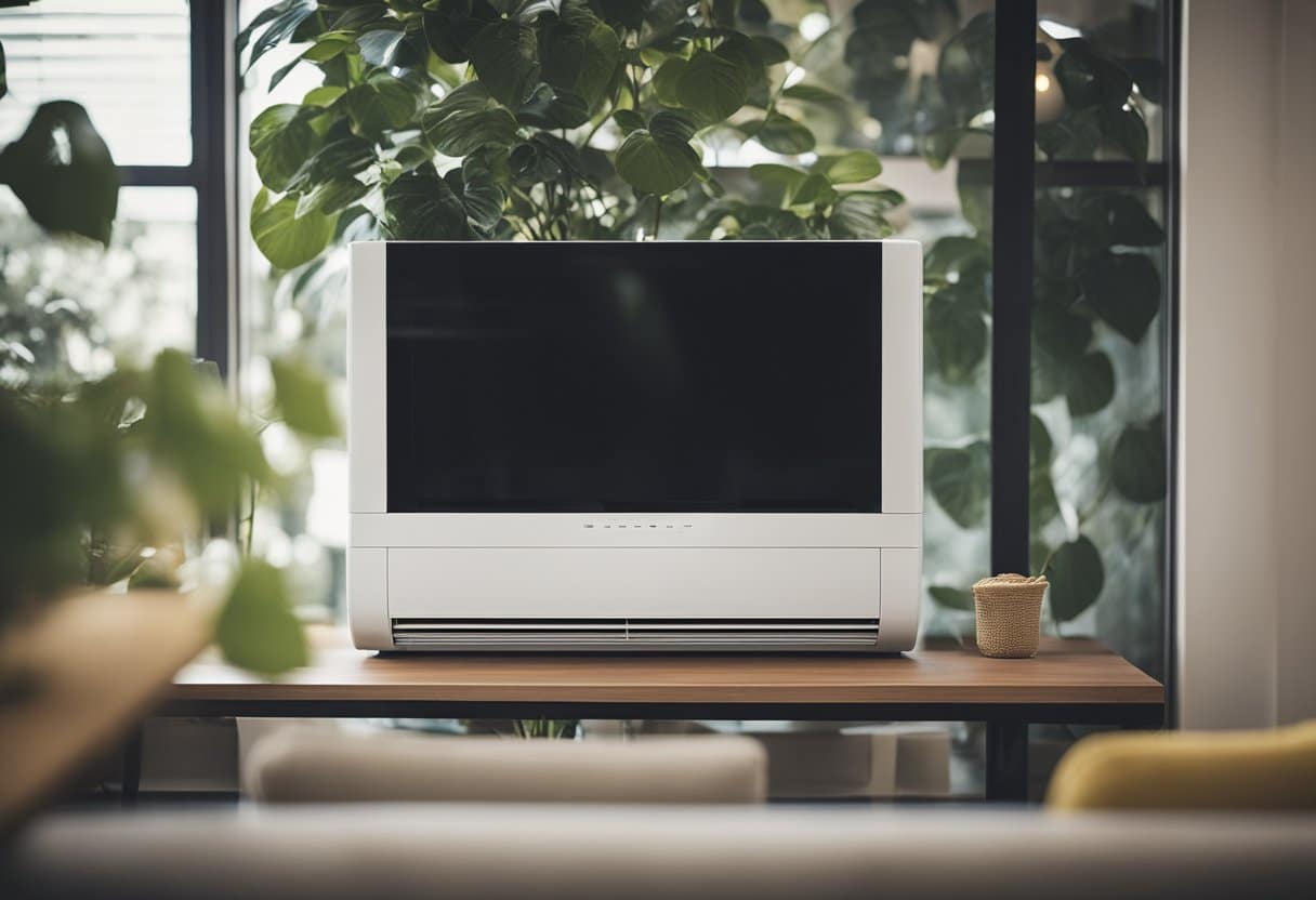 A modern split-system air conditioner installed in a living room, with vents and thermostat. Outdoor unit visible through window