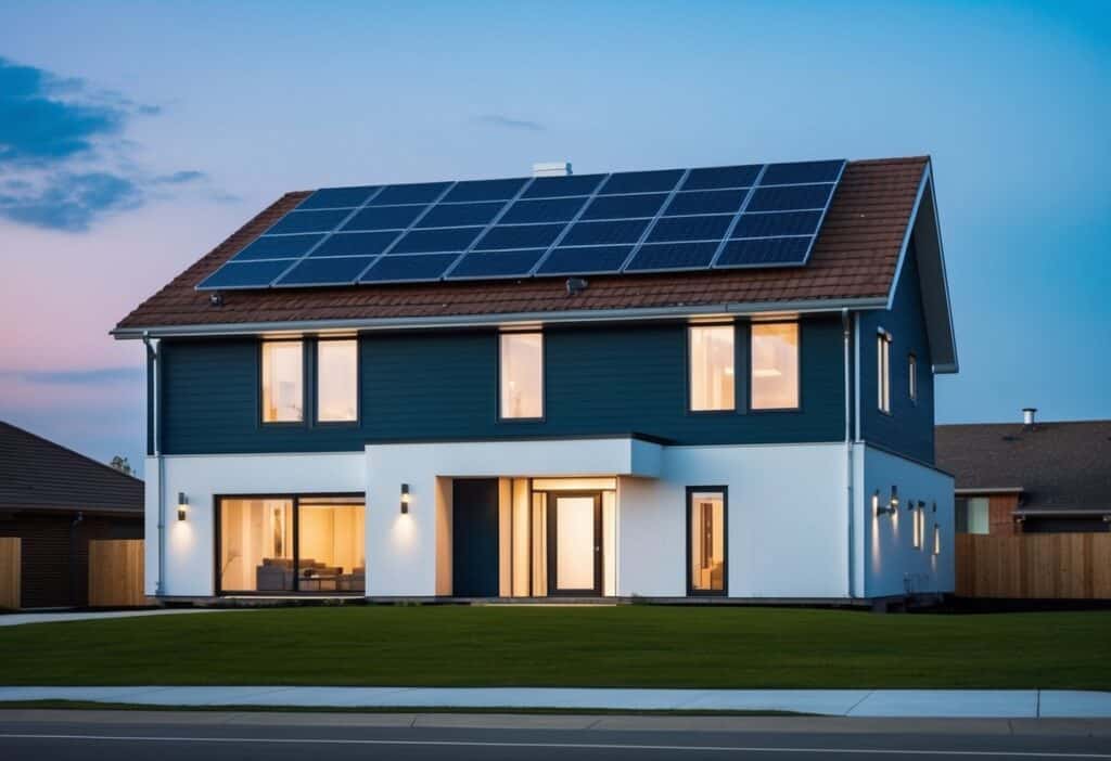 A modern house with thick insulation, energy-efficient windows, and solar panels on the roof