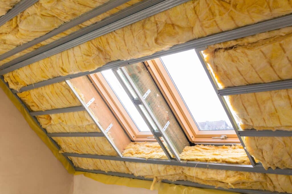 batt insulation in a home's attic with windows