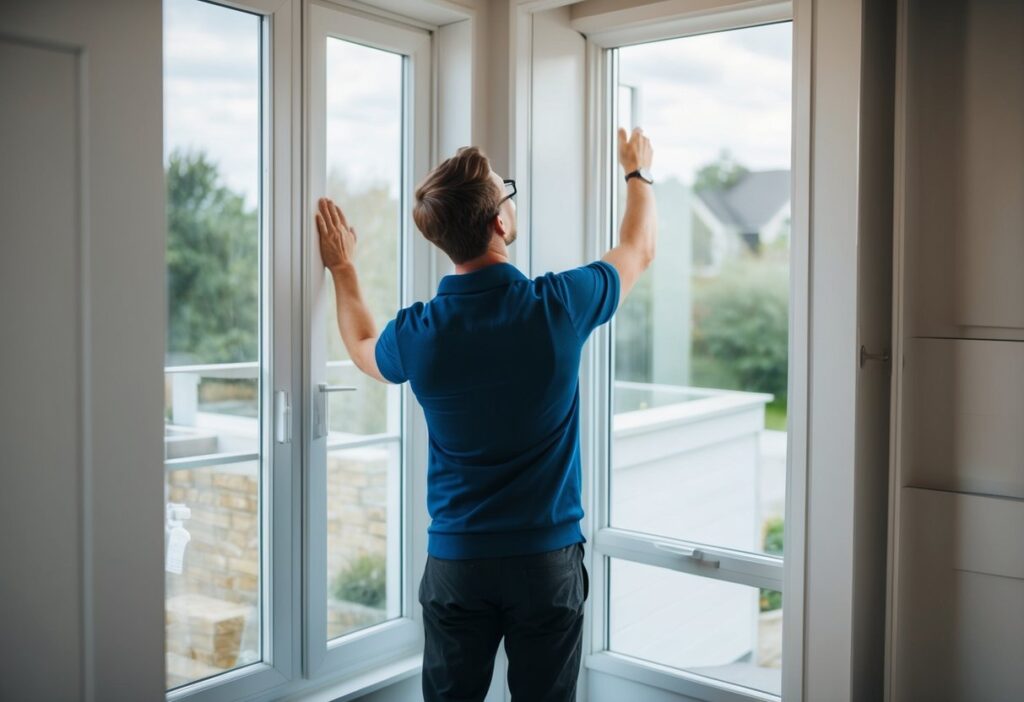 An illustrator could recreate a scene of a person inspecting windows, doors, and insulation in a home to conduct an energy audit and reduce heating costs