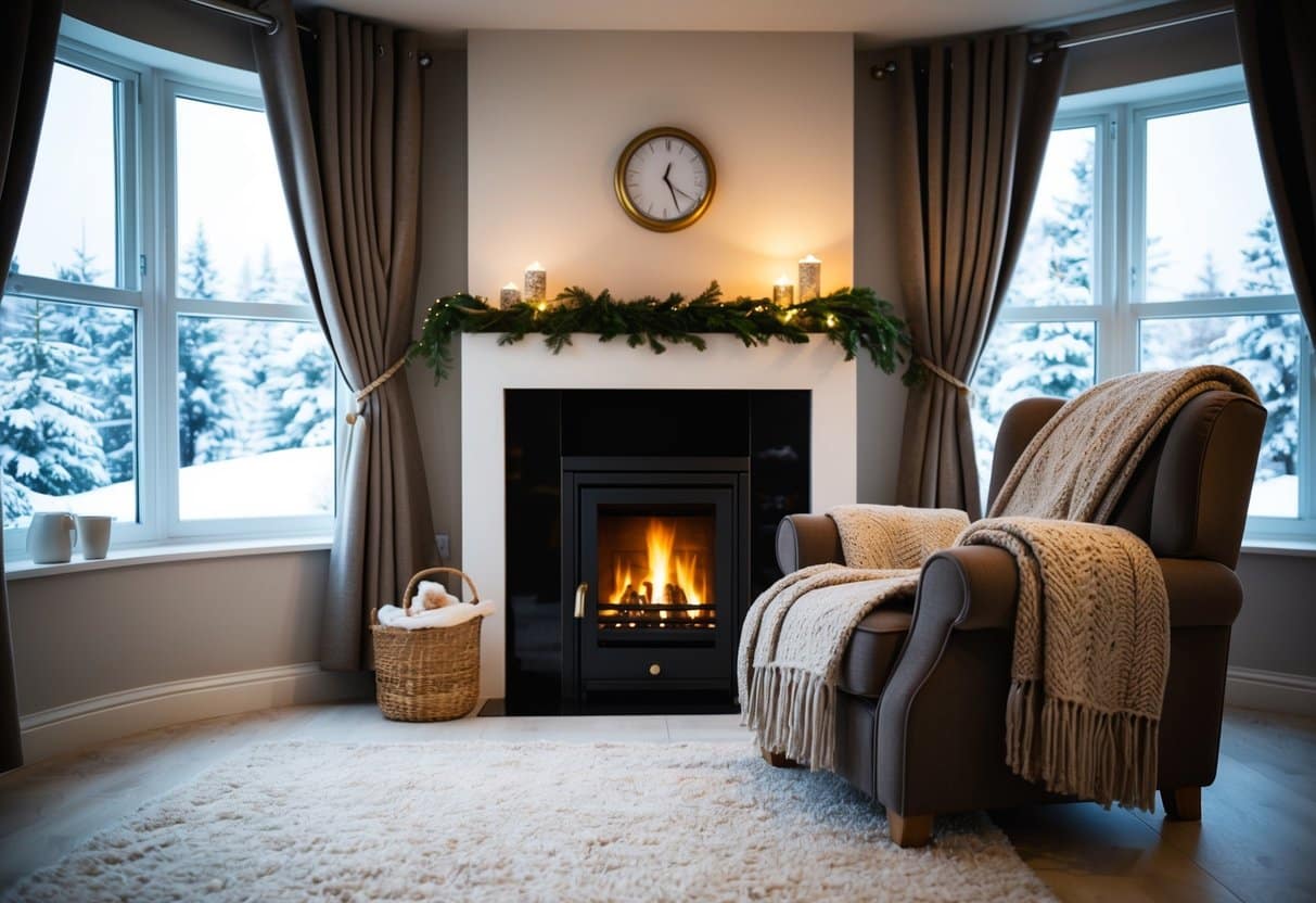 A cozy living room with a crackling fireplace, thick curtains, and a warm blanket draped over a comfortable armchair. Outside, snow falls gently, and the windows are sealed tightly to keep the cold air out