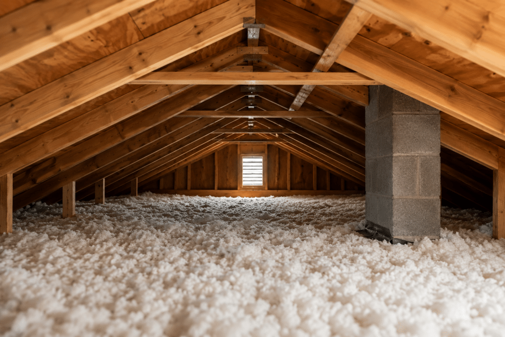 Insulated attic space with exposed wooden beams.